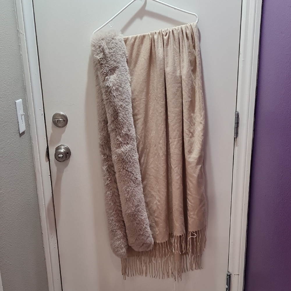 Jessica McClintock Cream and Tan Shawl / Wrap with Fringe